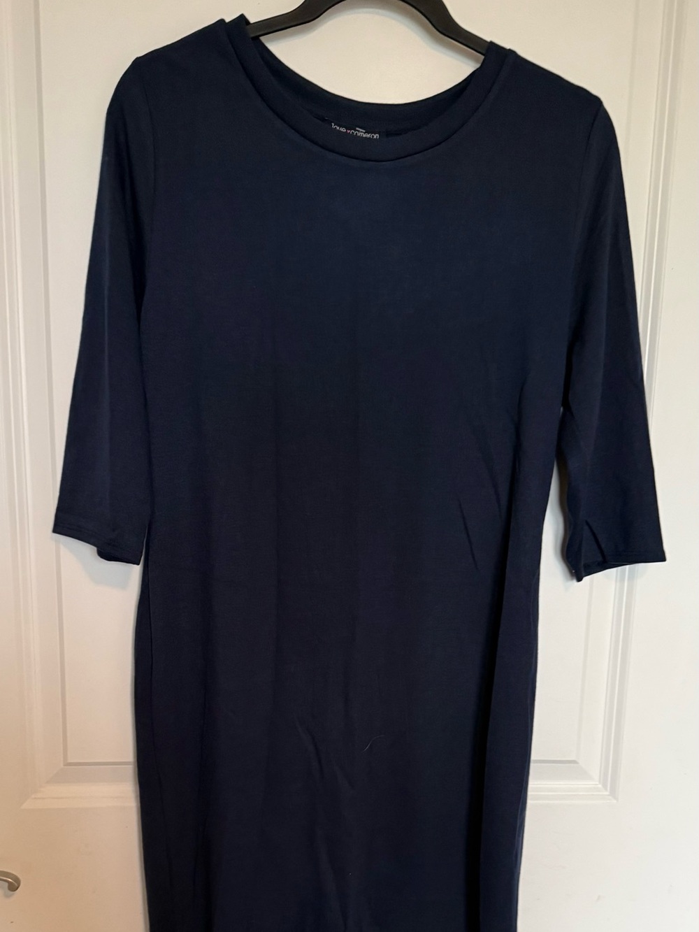 Women's Navy Midi Shift Dress with Three-Quarter Sleeves
